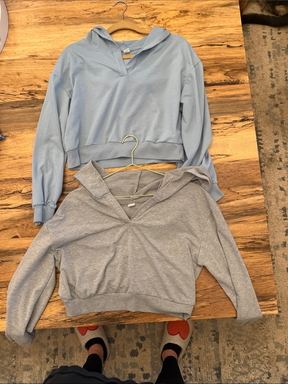 Set of Two V-Neck Hooded Sweatshirts - Light Blue & Heather Gray